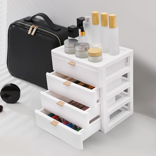 Aufbewahrungsbox 4-Schubladen Schreibtisch Organizer, Weiß, 26 x 20.2 x 29 cm, Desktop Schublade für Bürobedarf, Schulsachen & Kosmetika (4 Schubladen + 1 obere Plattform)