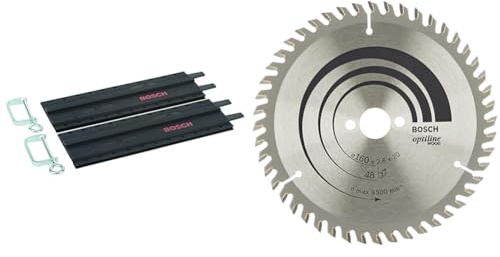 Bosch 2x Führungsschiene aus Kunststoff mit Schraubzwingen (2x 350 mm, Zubehör Kreissägen) & Bosch Professional 1x Kreissägeblatt Optiline Wood