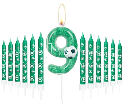 Geburtstag Zahl Kerzen 9, Fußball Geburtstag Zahlenkerzen, Grün Zahlenkuchen Kerzen mit 12 Verlängerungsstäben, Party Dekorationen für Unvergessliche Feiern