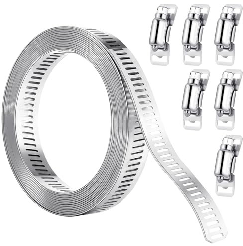Jubilee Clips, Metal Strapping, 3m/9.8ft Adjustable Hose Clamps with 6 Fasteners, Stainless Steel Hose Clamp, Jubilee Clips Assorted for Home Gas Pipe, Fuel Line, Exhaust Ducting, Plumbing