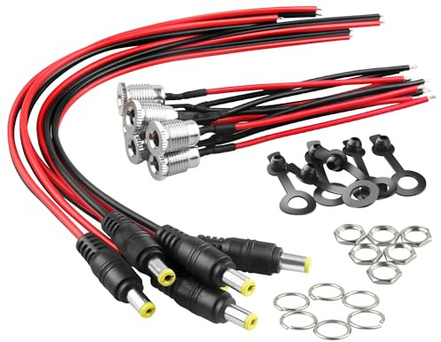 COOLM 5.5mm x 2.1mm DC Power Jack Socket Threaded Female Mount Connector Adapter and Male Pigtail Barrel Connector Cable 18AWG with Dustproof Plug (6Pairs)