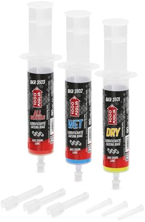Errecom 1000 Miglia DRY, WET e ALLWEATHER lubrificante catena bici per ogni Condizione del tracciato, Siringhe con applicatori Drop e Huggie System, formula fluorescente profumata - 180 ml (3 x 60 ml)