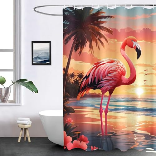FABTOP Flamingo Duschvorhang 180x180, Flamingo Duschvorhänge Pink 180x200 Textil 120x200 Rosa Flamingo Tropische Blätter Duschvorhänge Flamingo Shower Curtains (1,180 x 200 cm)