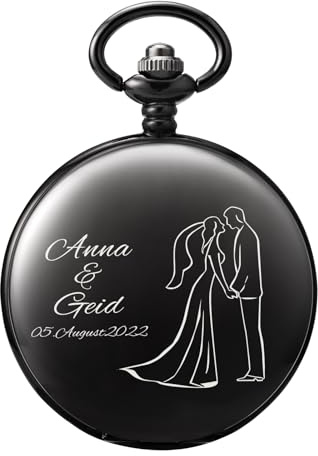 TREEWETO Taschenuhr mit Gravur zur Hochzeit, Motiv Brautpaar, Personalisiert mit Namen und Datum, Geschenkidee für Braut und Bräutigam, Hochzeitsgeschenke