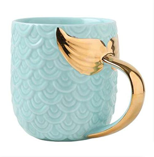 HalcyonFit Creativo 400 ML de cerámica de dibujos animados de oro mango de cola de sirena taza de café linda taza de té con leche Drinkware Artesanía de regalo (Blue)