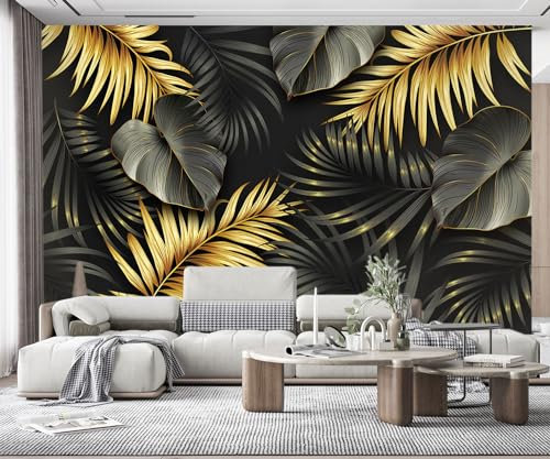MIWEI Wallpaper Papier Peint Panoramique Feuilles Noir Or Papier Peint Nature Intissé Murale Chambre Salon -MIWEI Wallpaper-014-250cmX175cm