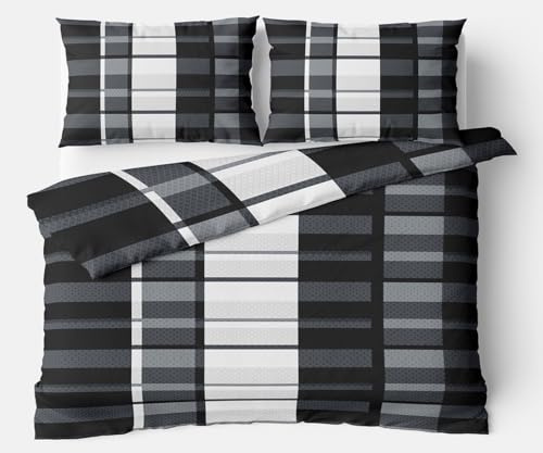 Leonado Vicenti Fleece Bettwäsche Set Kuschelig Warm Weich Schwarz Grau Weiß Kariert Ornamente Reißverschluss Winterbettwäsche, 200x200 cm, 3 teilig
