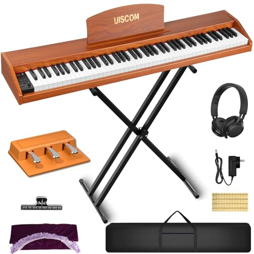 UISCOM Digitales Klaviertastatur für Anfänger mit 88 Tasten, halbgewichtetes elektrisches Klavier-Set aus Holz in voller Größe, mit Ständer, Dreifachpedal, Kopfhörer, Tragetasche, unterstützt