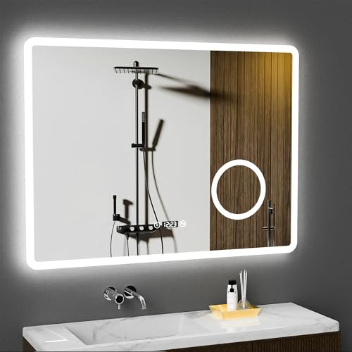GIMBELEN LED Badezimmer Spiegel mit Uhr 80 x 60 cm, 3 Lichtfarben, Dimmbar, 3-facher Vergrößerung, Anti-Beschlag, Speicherfunktion, IP44 wasserdicht