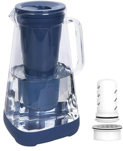 GLACIER FRESH Carafe filtrante en verre, 2,5 L, avec débit 1,6 x membrane d'ultrafiltration améliorée et filtre à charbon actif, réduit 99 % du chlore, PFOA et PFOS, coliformes, bleu