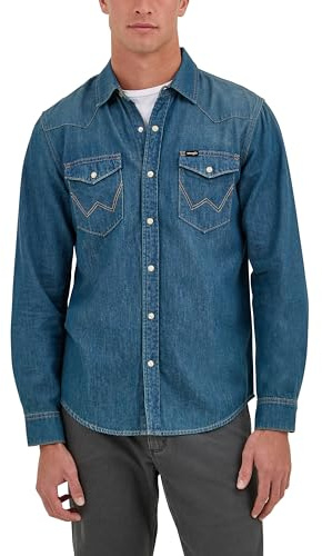 Wrangler herr ikonisk denim normal passform snäppskjorta knapp, Tobaksdenim, L