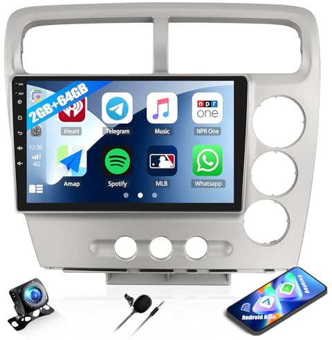 CAMECHO 2G+64G Car Radio for Honda Civic EP3 2003 2004 2005, Android 13 Head Unit, 9 Touch Screen Car Stereo with Wireless CarPlay Android Auto Bluetooth GPS WiFi FM HD Backup Camera (RHD)