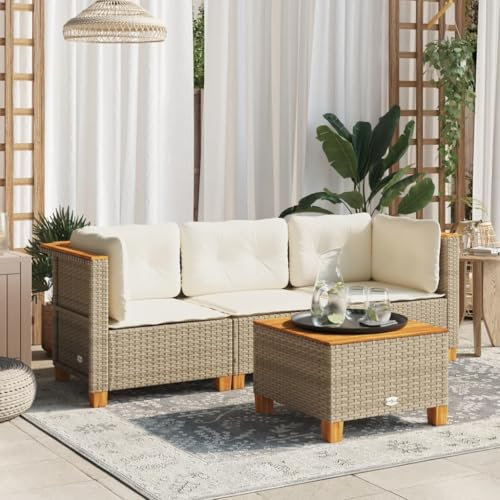 Gecheer Gartensofa 3-Sitzer, Gartensessel mit Kissen, Modular Loungesofa für Garten Terrasse, Sofa Garnitur Gartenmöbel, Beige Poly Rattan