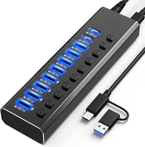 Powered USB Hub 3.2, 10-Port USB3.2/USB C Hub (10Gbps USB-A 3.2 +2 USB-C 3.2 +7 USB 3.0 Ports) mit individuellen EIN/Aus-Schaltern und 12V Power Adapter, Aluminium USB Hub Powered für Laptop PC