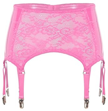 TiaoBug Damen Wetlook Strapsgürtel Lack Leder Spitzen Strumpfgürtel mit Strumpfhalter Strapshalter Befestigung Clips Party Clubwear Rosa XXL