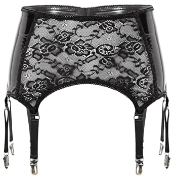 TiaoBug Dam wetlook strapsbälte lack läder spets strumpeband med strumphållare hållare fästklämmor party klubbkläder, svart, 4XL