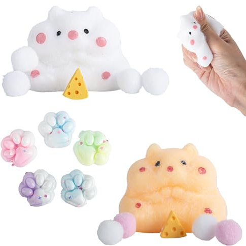 GWAWG 5 PCS Mini Cat Paw Squishy and 2 PCS Cartoon Hamster Squeeze Toy, Environmentally Friendly Silicone Anti-Stress Toy, Squeeze Toy, Squishy Toy, Squishy Hamster, Gifts for Children and Adults