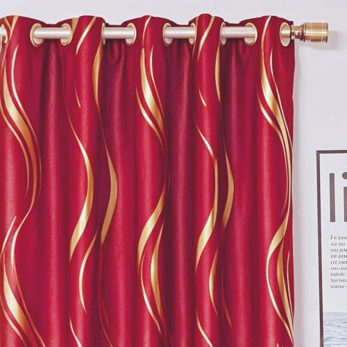 MYRU 2 Panels Set Luxury Striped Blackout Curtains for Bedroom Living Room (Red and Gold, 2 x 66x90 Inch)