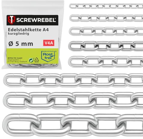 SCREW REBEL 5,0 mm starke Edelstahlkette A4 rostfrei, Gliederkette 2 m lang, kalibriert, Zaunkette kurzgliedrig DIN 766, Hängekette, Kette zum Aufhängen V4A mit 2 Meter Länge