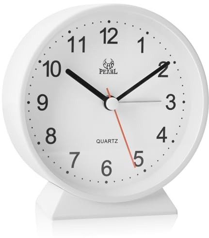Small Bedside Analogue Alarm Clock with Night Light for Office Bedroom School Travel Heavy Sleeper Super Silent Non Ticking Round Metal Desk Clocks Battery Powered for Elderly Adults Child (White)