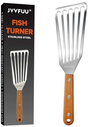 JVVFUU Fish Turner Spatula Stainless Steel, 11 Metal Slotted Spatula for Non Stick Pans, Grilling Salmon, Flipping Eggs & Pancakes,Easy to Clean,Heat-Resistant Wood Handle