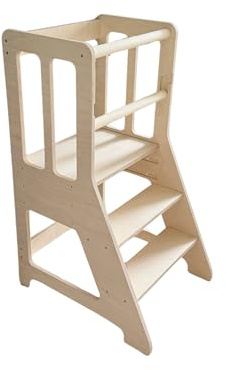 Smart Fox Wood Montessori Lernturm für Kleinkinder - Verstellbarer 3-stufiger Küchenhocker Helfer - Baltisches Birkensperrholz, ungiftig, abnehmbarer Sicherheitsbügel - Natürlicher Stehturm für Kinder