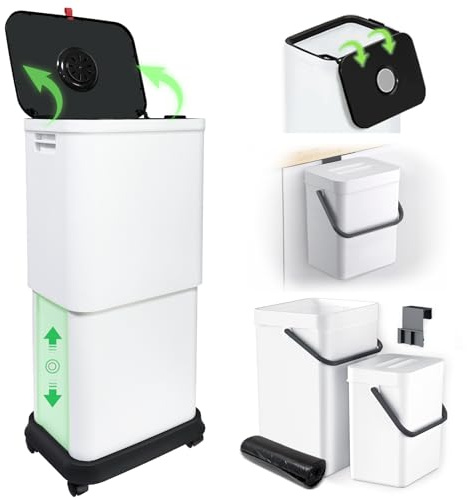 Gintan, papelera de cocina antiolor con tapa, ajustable, 25-45 l, extra grande, con ruedas, con dos pequeñas papeleras de baño con tapa para colgar