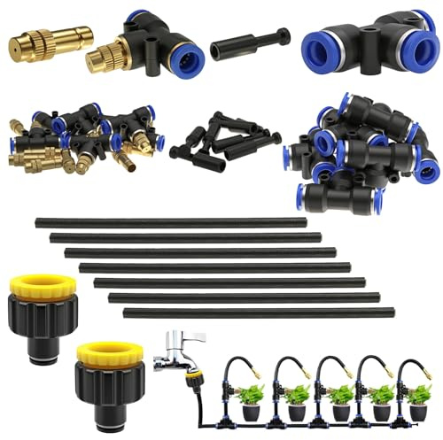 CESFONJER Brass Mister Nozzles Kit, 360° Adjustable T Type Irrigation Heads System, with 8mm Quick Connect Adapter for Watering Irrigation Lawn Terrace Garden System