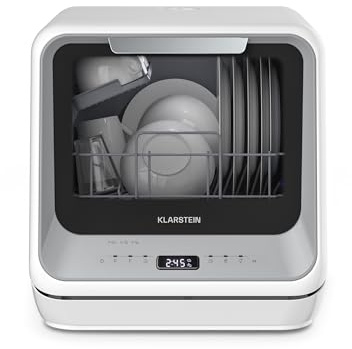 Klarstein Amazonia Mini diskmaskin – kompakt bordsdiskmaskin med vattentank, 7 program, 5 L, digital display, tyst 58 dB, energieffektivitetsklass D, bärbar för små kök och resor, silver