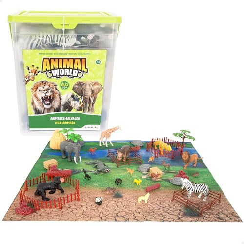 COLORBABY Animal World Cubo Set Animales Salvajes, 60 Piezas, Animales y Accesorios, Reserva Natural, Tamaños Variados, Máx. 12 cm, Exploradores, Figuras Juguete, niños +3 años (39324)