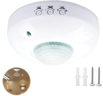 Sensor de presencia de montaje en techo 1PC PIR, interruptor de detector de movimiento de alta sensibilidad 220-240 V, rango de detección de 6 m a 360 °, para interior