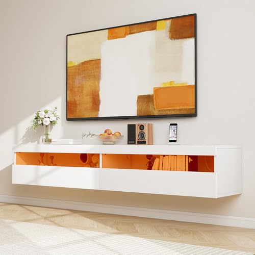 Winlice 180cm Schwebender TV-Schrank mit LED-Beleuchtung & Steckdose,Hochglanz Modernes Lowboard mit Stauraum,Wandmontierte TV-Kommode für 65/75/80 Zoll Fernseher,Weiß