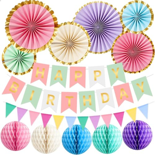 Premium Wiederverwendbare Geburtstagsdeko, Pastell Party Deko, Happy Birthday Girlande, Wimpelkette, Wabenbälle, Pompons Deko, Geburtstags Party deko