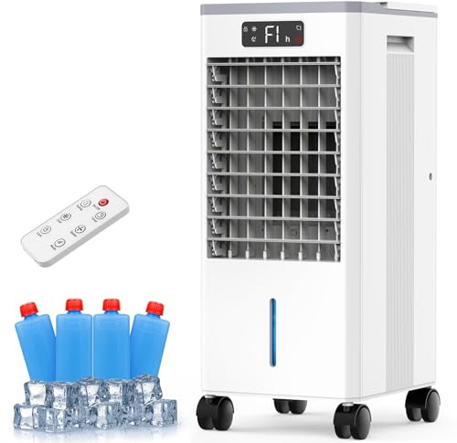 Portable Evaporative Air Cooler, Quiet Windowless Swamp Cooler with 4 Ice Packs, 2 Gallon Water Tank, Remote Control, 4 Modes & 3 Speeds, Oscillating Cooling Fan for Bedroom, Living Room and Office