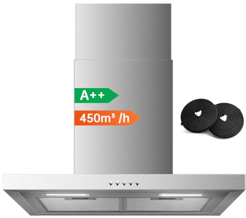 TopStrong 60cm Cooker Hood Wall Mounted, 450m³/h T-Shape Extractor Fan Kitchen, 3-Speed Mechanical Control, A++ Brushless Motor, 430 Stainless Steel, LED, Recirculating & Ducted Vent Hood