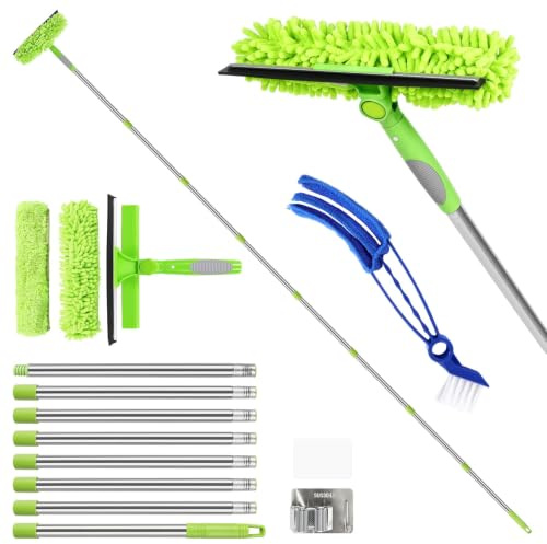 Wellehomi 10.5Ft(3.2m) Window Cleaning Equipment with Extension Pole, Green | Window Squeegee Cleaner Kit with Storage Hook, Venetian Blind Brush, 3Pcs Microfiber Scrubber for Home, Shower Glass, Car, RV