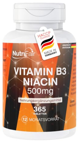NutriFair, vitamin B3 niacin 500mg, 365 tabletter, 500mg per tablett, högdoserat, lätt att svälja, 100% veganskt, tillverkat i Tyskland och laboratorietestat