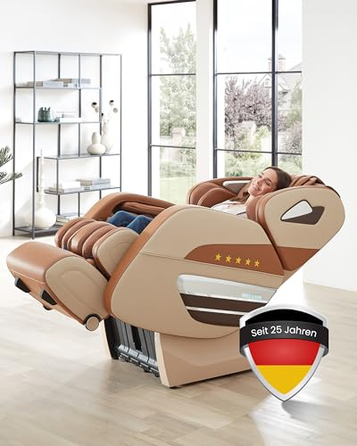 WELCON Dynamite Massagesessel elektrisch Beige-Braun – Luxus Massagestuhl mit Shiatsu Ganzkörpermassage, 128-Punkte Körperscan für Nacken, Schulter, Rücken, Beine & Füße