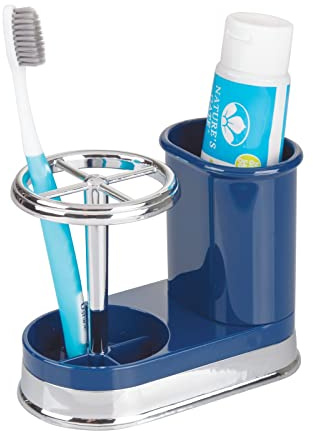 mDesign Decorative Bathroom Dental Storage Organizer Holder Stand for Electric Spin Toothbrush/Toothpaste - Compact Design for Countertop and Vanity, Holds 4 Standard Brushes - Navy Blue/Chrome