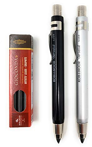 KOH-I-NOOR 5359 Pennhållare i metall med klämma blyertspenna och klämma blytjocklek 5,6 mm, silver och svart och graphitmines 2B
