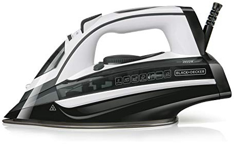 BLACK+DECKER BXIR2802E - Fer à repasser vapeur 2800W, fonction pressing 180g / min, semelle anodisée, système anti-calcaire et anti-goutte, système de fermeture automatique, noir et blanc