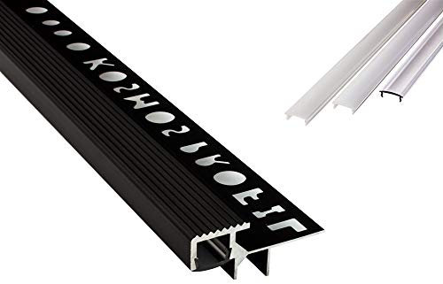 T-40 LED Alu Fliesenprofil Treppenprofil Stufen 10mm schwarz + Abdeckung 1m klar