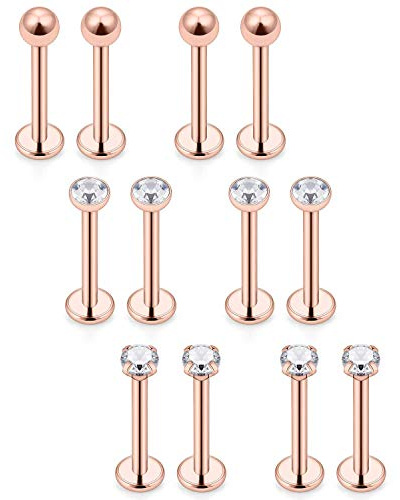 Mayhoop 12Pcs 16G 8mm Piercing Lèvre Labret Tragus Helix Acier Inonxidable Or Rose Diamant Piercing Tragus Helix Lèvre Labret Studs Bijoux de Piercing
