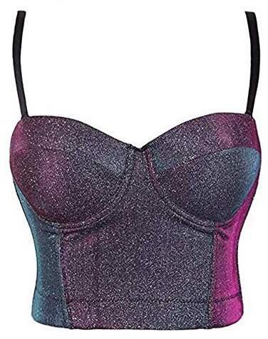 Woboren Damen Glitter Push Up Bustier Lace Crop Top Gothic Punk Korsett Clubwear Party BH with Detachable Strap (Viola, M)