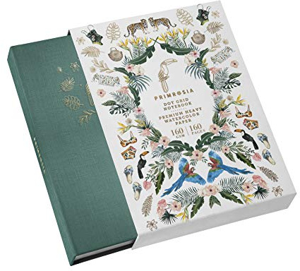 PRIMROSIA A5 prickigt rutnät akvarell journal anteckningsbok – 160 sidor I 160 gsm premium tungt papper, ingen blödning – lyxigt linne hårt skydd med sött tukan-överdrag (djungelgrön)
