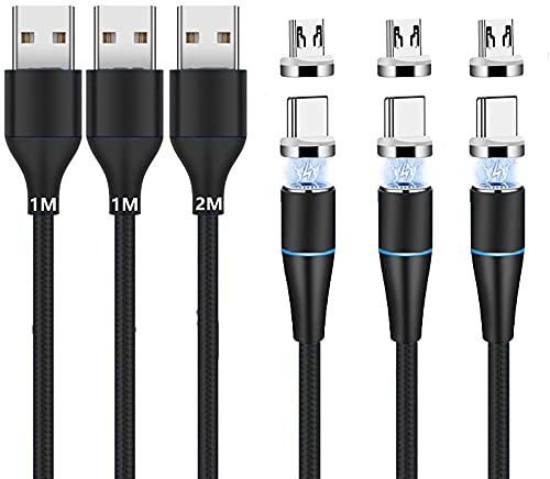 Magnetisches Ladekabel (1m+1m+2m,3 Stück) USB C/Typ C/Micro USB 2-in-1 Magnet USB Kabel 3A Schnellladung und Datensynchronisation LED Ladekabel Kompatibel mit Alles Android Phone Smartphone Tablet
