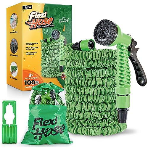 Flexi Hose Expandable Garden Hose - 100FT Heavy Duty Water Hose, Retractable Hose with 3/4-Inch Fittings - Expandable Hose Design & Spray Nozzle Included - Green, 30 Metres