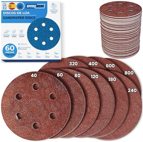 Effektwerk Sanding Discs (60 Pack, 6 Holes), 150mm Sandpaper for Orbital Sanders, Self-Adhesive w/Hook & Loop Closure, Fine & Coarse Grinding w/ 40, 60, 80, 120, 180, 240, 320, 400, 600, 800 Grits