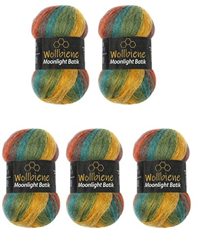 Wollbiene Moonlight Batik 5 x 100g Strickwolle 500 Gramm Wolle zum Stricken und Häkeln 20% Wolle türkische Wolle Farbverlaufswolle Strickwolle (3050 kastanie ocker grün)