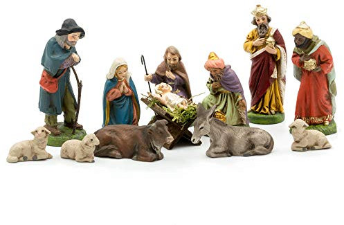 Marolin Krippenfiguren Set mit 12 Figuren mit Holzkrippe, 6,5cm Figuren